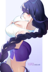 Rule 34 | 1girl, artist name, ass, bare shoulders, braid, breasts, cleavage, collarbone, dolphin shorts, genshin impact, highres, large breasts, long hair, looking at viewer, low-braided long hair, low-tied long hair, mole, mole under eye, purple eyes, purple hair, purple shorts, raiden shogun, short shorts, shorts, solo, tank top, thighs, tofuubear, very long hair, white tank top