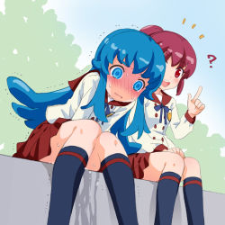 Rule 34 | 10s, 2girls, ?, aino megumi, bad id, bad pixiv id, blue eyes, blue hair, blush, chizuna n, embarrassed, happinesscharge precure!, kneehighs, long hair, multiple girls, open mouth, pee, peeing, peeing self, ponytail, precure, red eyes, red hair, school uniform, shirayuki hime, sitting, skirt, socks, v arms
