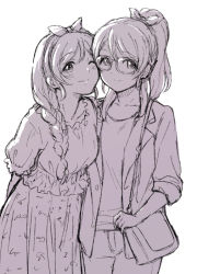 Rule 34 | 2girls, arm behind back, ayase eli, bag, braid, breasts, closed mouth, collarbone, cowboy shot, female focus, glasses, greyscale, hair ribbon, happy, jacket, long hair, looking at viewer, love live!, love live! school idol project, monochrome, multiple girls, one eye closed, open clothes, open jacket, pants, ponytail, ribbon, shibasaki shouji, shirt, short sleeves, shoulder bag, simple background, single braid, sketch, skirt, small breasts, smile, standing, tojo nozomi, white background, wink