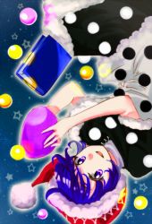 Rule 34 | 1girl, black skirt, blob, blouse, blue eyes, blue hair, bogyaku no m, book, capelet, commentary request, doremy sweet, hat, nightcap, pom pom (clothes), shirt, skirt, smile, solo, touhou, upside-down, white shirt
