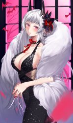 Rule 34 | 1girl, azur lane, bare shoulders, bat (animal), black choker, black dress, blunt bangs, bow, breasts, choker, cleavage, closed mouth, collarbone, cowboy shot, crying, crying with eyes open, dress, fur shawl, grey hair, hair bow, highres, horns, large breasts, long hair, looking at viewer, nail polish, neck ribbon, own hands together, petals, pink eyes, red bow, red nails, red ribbon, ribbon, shawl, sleeveless, sleeveless dress, solo, tears, very long hair, window, yorck (azur lane), yorck (breaker under the blood moon) (azur lane), yorugami rei