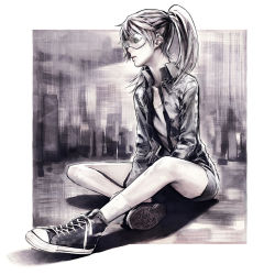 Rule 34 | 00s, 1girl, all star, amasawa yuuko, converse, dennou coil, glasses, iwai ryou, monochrome, realistic, shoes, short hair, sitting, sneakers, solo, twintails
