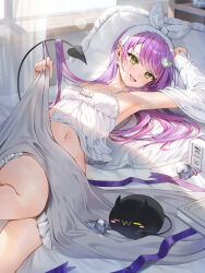 1girl :d absurdres alternate_costume armpits bibi_(tokoyami_towa) blanket bow_hairband camisole colored_inner_hair commentary crop_top demon_girl demon_tail ear_piercing earrings fang frilled_camisole frilled_pillow frills green_eyes hair_ornament hairband head_on_pillow heart heart_hair_ornament highres hololive indoors jewelry lifting_covers long_hair long_sleeves looking_at_viewer lying midriff morning multicolored_hair navel navel_piercing on_back open_clothes open_mouth open_shirt piercing pillow pink_hair purple_hair runlan_0329 shirt smile solo spiked_ear_piercing swept_bangs tail tail_ornament tail_piercing tokoyami_towa under_covers virtual_youtuber white_camisole white_shirt