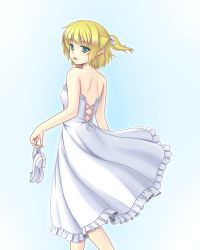 Rule 34 | 1girl, alternate costume, aqua background, backless dress, backless outfit, bad id, bad pixiv id, bare arms, bare shoulders, blonde hair, dress, female focus, from behind, green eyes, holding, holding shoes, isaki (gomi), looking at viewer, looking back, mizuhashi parsee, pointy ears, ponytail, shoes, short hair, shoulder blades, solo, sundress, touhou, wedding dress, white dress
