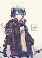 Rule 34 | 1girl, arknights, asymmetrical gloves, blue eyes, blue hair, dual wielding, fur-trimmed jacket, fur trim, gloves, halo, holding, holding staff, horns, jacket, long hair, meet (105r), mismatched gloves, mostima (arknights), shorts, signature, smile, solo, staff