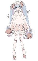 Rule 34 | 1girl, arms at sides, bandaid, bandaid on knee, bandaid on leg, bloomers, blue hair, bow, cherry print, closed mouth, expressionless, flat chest, food print, frilled hairband, frills, full body, hair between eyes, hairband, hatsune miku, legs apart, lolita fashion, long hair, long sleeves, loose socks, multicolored hair, muted color, neck ribbon, no nose, no pupils, oversized clothes, pale skin, pastel colors, platform footwear, puffy long sleeves, puffy sleeves, purple hair, ribbon, sad, shoes, shoulder ribbon, simple background, socks, solo, standing, straight hair, streaked hair, stuffed animal, stuffed toy, sweet lolita, tearing up, teddy bear, teddy bear hair ornament, thick eyebrows, twintails, u emper, underwear, very long hair, vocaloid, waist bow, white background, white bloomers, white bow, white footwear, white hairband, white ribbon, white socks