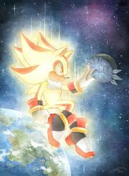 Rule 34 | 1boy, dated, earth (planet), finik, from side, furry, furry male, gloves, highres, planet, red eyes, shadow the hedgehog, shoes, signature, sonic (series), space, space colony ark, star (sky), super shadow, white gloves, yellow fur