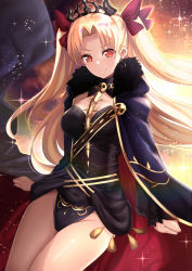 Rule 34 | 1girl, between breasts, black cloak, black dress, black leotard, blonde hair, breasts, cloak, closed mouth, commentary request, dress, earrings, ereshkigal (fate), fate/grand order, fate (series), floating hair, fur-trimmed cloak, fur trim, glowing, gold trim, groin, hair ribbon, highres, hoop earrings, jewelry, large breasts, legs together, leotard, light particles, long hair, looking at viewer, parted bangs, print dress, print leotard, red cloak, red eyes, red ribbon, ribbon, shiny skin, short dress, sitting, skull, sky, smile, solo, sparkle, spine, star (sky), starry sky, tassel, thighs, tiara, tohsaka rin, two-sided cloak, two-sided fabric, two side up, untue, v-shaped eyebrows, very long hair, weapon