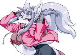 Rule 34 | 1girl, breasts, female focus, furry, furry female, hikimayu, long hair, nakagami takashi, open mouth, red eyes, simple background, solo, white background, wolf