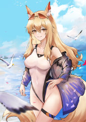 Rule 34 | 1girl, animal ear fluff, animal ears, arknights, bare shoulders, bird, blonde hair, blue sky, breasts, brown eyes, cloud, covered navel, cowboy shot, day, ema (kuguiema), eyewear on head, hand on own hip, highres, long hair, medium breasts, mixed-language commentary, nearl (arknights), nearl (shimmering dew) (arknights), official alternate costume, one-piece swimsuit, outdoors, seagull, see-through, sky, solo, standing, sunglasses, swimsuit, swimsuit cover-up, tail, thigh strap, thighs, white one-piece swimsuit