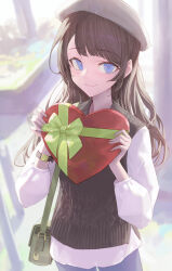Rule 34 | 1girl, absurdres, axoo, bag, beret, blue eyes, box, brown hair, handbag, hat, heart, heart-shaped box, highres, holding, holding heart, looking at viewer, original, shirt, smile, solo, sweater vest, upper body, valentine, white shirt