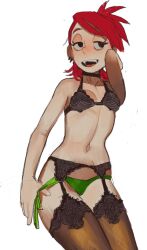 Rule 34 | 1girl, black bra, bra, breasts, brown thighhighs, cowboy shot, foster&#039;s home for imaginary friends, frankie foster, garter belt, garter straps, green panties, highres, medium hair, mossacannibalis, navel, panties, panty tug, ponytail, red hair, simple background, small breasts, solo, thighhighs, underwear, underwear only, white background