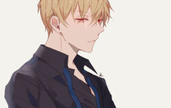 Rule 34 | 1boy, black shirt, blonde hair, blue necktie, collared shirt, commentary request, fate/grand order, fate (series), gilgamesh (fate), highres, male focus, necktie, parted lips, red eyes, shirt, short hair, shu (oshigoto boshuuchuu), simple background, solo, undone necktie, upper body