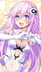Rule 34 | 1girl, :d, bare shoulders, blue eyes, blush, breasts, choujigen game neptune mk2, cleavage, cleavage cutout, clothing cutout, covered navel, cowboy shot, elbow gloves, gloves, hair between eyes, hands up, happy, headgear, heart, heart hands, iwashi dorobou -r-, leotard, long hair, looking at viewer, medium breasts, nepgear, neptune (series), open mouth, pink hair, power symbol, power symbol-shaped pupils, purple hair, purple sister, skin tight, smile, solo, symbol-shaped pupils, very long hair, white gloves, white leotard