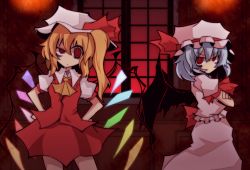 Rule 34 | 2girls, asymmetrical hair, bad id, bad pixiv id, bat wings, blonde hair, blue hair, bow, crossed arms, dress, flandre scarlet, grin, hands on own hips, hat, hat ribbon, multiple girls, nosada, pink dress, puffy short sleeves, puffy sleeves, red bow, red eyes, red ribbon, remilia scarlet, ribbon, ribbon trim, ribbon trimmed, short hair, short sleeves, side ponytail, smile, touhou, wings
