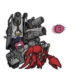 Rule 34 | 1girl, absurdres, black headwear, blue archive, cannon, chibi, closed mouth, crossover, crustacean, firing, grey eyes, hat, hermit crab, highres, hrna, huge hermit, iroha (blue archive), long hair, metal slug, military, military hat, military uniform, military vehicle, motor vehicle, peaked cap, red hair, simple background, tank, uniform, wavy hair, white background