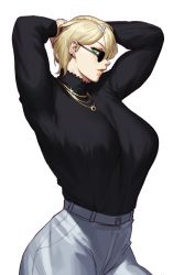Rule 34 | 1girl, absurdres, arms up, blonde hair, borrowed character, breasts, commentary, commission, glasses, glint, green eyes, hair ornament, high-waist pants, highres, jewelry, large breasts, long sleeves, looking at viewer, necklace, original, pants, parted lips, short hair, simple background, solo, sotcho, white background