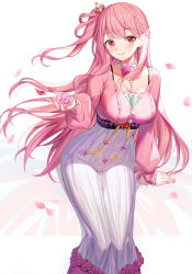 Rule 34 | 1girl, arm support, blush, braid, breasts, closed mouth, collarbone, commentary request, crown, earrings, emily stock, flower, frills, highres, holding, holding flower, jewelry, long hair, long sleeves, looking at viewer, medium breasts, mini crown, nail polish, original, petals, pink flower, pink hair, pink nails, pink rose, pink shirt, puffy long sleeves, puffy sleeves, red eyes, ririko (zhuoyandesailaer), rose, shirt, sitting, skirt, sleeves past wrists, smile, solo, tilted headwear, very long hair, white skirt