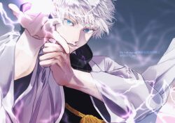 Rule 34 | 1boy, artist name, bishounen, blue eyes, fighting stance, floating hair, gojou satoru, highres, holding, holding clothes, hood, hood down, japanese clothes, jujutsu kaisen, kimono, lightning, looking at viewer, male focus, parted lips, reaching, reaching towards viewer, s0311 tre, simple background, solo, upper body, watermark, white hair, white kimono