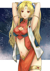 Rule 34 | 1girl, anzk232, armlet, bare arms, blonde hair, breasts, brown eyes, cleavage, cleavage cutout, closed mouth, clothing cutout, dress, facial mark, galaxy angel, hair intakes, hands in hair, highres, long hair, looking at viewer, medium breasts, midriff, navel, ranpha franboise, red dress, red lips, sleeveless, smile, solo, stomach, thighlet, very long hair