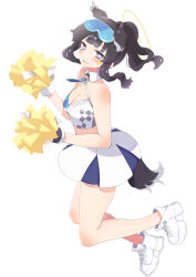 Rule 34 | 1girl, absurdres, animal ears, bare shoulders, black hair, blue archive, blue eyes, breasts, cheerleader, cleavage, clothes writing, dog ears, dog girl, dog tail, eyewear on head, full body, goggles, goggles on head, halo, hibiki (blue archive), hibiki (cheer squad) (blue archive), highres, holding, holding pom poms, looking at viewer, medium breasts, millennium cheerleader outfit (blue archive), pom pom (cheerleading), pom poms, poyadi, shoes, simple background, skirt, sleeveless, sneakers, solo, sticker on face, sunglasses, tail, white background, white footwear, white skirt