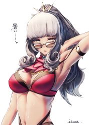 Rule 34 | 1girl, adjusting hair, armpits, artist name, ascot, bikini, blunt bangs, breasts, carmilla (fate), carmilla (summertime mistress) (fate), cleavage, curly hair, fate/grand order, fate (series), fingernails, hairband, highres, itaco, large breasts, long fingernails, long hair, looking at viewer, looking over eyewear, looking over glasses, open mouth, ponytail, silver hair, solo, spiked hairband, spikes, stomach, sunglasses, sweat, swimsuit, tinted eyewear, upper body, white background, yellow eyes