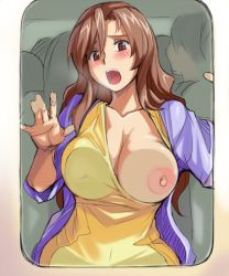 Rule 34 | 00s, 1girl, against glass, blush, breast press, breast slip, breasts, breasts on glass, brown eyes, brown hair, cleavage, covered erect nipples, curvy, interlude, large areolae, large breasts, long hair, marufuji izumi, nipples, one breast out, open mouth, tank top, tsuda nanafushi