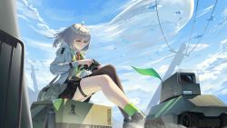 Rule 34 | 1girl, absurdres, ahoge, aircraft, arknights, bird, blue sky, box, camera, cardboard box, cloud, dirigible, drone, flock, highres, jacket, pleated skirt, scene (arknights), single thighhigh, sitting, skirt, sky, solo, thighhighs, utility pole, white jacket, yellow eyes