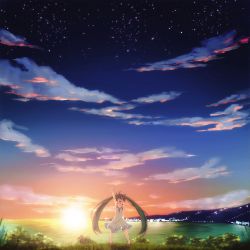 Rule 34 | 1girl, ahoge, arm up, cloud, dress, green hair, hatsune miku, long hair, md5 mismatch, night, night sky, ocean, open mouth, outstretched arm, pigeon-toed, resolution mismatch, sky, solo, source larger, star (sky), starry sky, sunset, tanashi (mk2), twilight, twintails, very long hair, vocaloid, waving