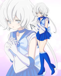 Rule 34 | 10s, 1girl, blue bow, blue choker, blue footwear, boots, bow, choker, elbow gloves, gloves, grey eyes, hair between eyes, high heel boots, high heels, konno junko, looking to the side, low twintails, open mouth, pirochi, pleated skirt, sailor mercury, silver hair, skirt, solo, twintails, white gloves, zombie land saga, zoom layer