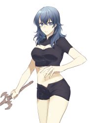 Rule 34 | 1girl, black shorts, blue eyes, blue hair, breasts, byleth (female) (fire emblem), byleth (fire emblem), cleavage, cleavage cutout, closed mouth, clothing cutout, cowboy shot, crop top, fire emblem, fire emblem: three houses, frown, groin, hair between eyes, highres, holding, holding sword, holding weapon, long hair, medium breasts, midriff, nanao parakeet, navel, nintendo, short shorts, short sleeves, shorts, simple background, sketch, solo, standing, stomach, sword, weapon, white background