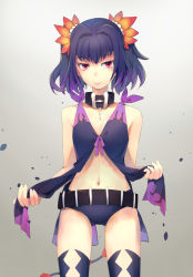 Rule 34 | 10s, 1girl, bare shoulders, belt, black thighhighs, breasts, clothes lift, collar, cowboy shot, grey background, hair intakes, hair ornament, midriff, mole, navel, purple hair, red eyes, shirt lift, short shorts, shorts, solo, symonne (tales), tales of (series), tales of zestiria, thighhighs, twintails