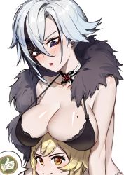 Rule 34 | 2girls, arlecchino (genshin impact), bare arms, bikini, bikini top only, black bikini, black eyes, black scarf, blonde hair, blush, breast rest, breasts, breasts on head, choker, cleavage, fur scarf, genshin impact, hair between eyes, halterneck, highres, lace, lace-trimmed bikini, lace trim, large breasts, looking at another, looking down, lumine (genshin impact), mole, mole on breast, multicolored hair, multiple girls, ouer moyu, parted lips, red pupils, scarf, short hair, simple background, smile, speech bubble, spoken thumbs up, strap gap, streaked hair, swept bangs, swimsuit, symbol-shaped pupils, two-tone hair, white background, white choker, white hair, x-shaped pupils