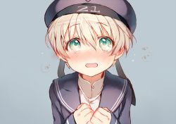 Rule 34 | 10s, 1girl, beret, blonde hair, blush, clothes writing, green eyes, hat, kantai collection, looking at viewer, open mouth, sailor collar, sailor hat, shigaraki (strobe blue), short hair, simple background, solo, tears, z1 leberecht maass (kancolle)