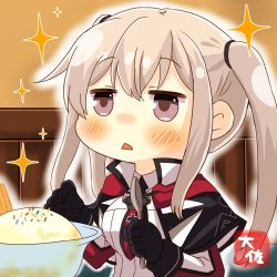 Rule 34 | 1girl, artist name, black gloves, blonde hair, blush, capelet, chibi, commentary request, food, gloves, graf zeppelin (kancolle), grey eyes, hair between eyes, holding, holding spoon, ice cream, kantai collection, long hair, military, military uniform, no headwear, open mouth, revision, sidelocks, solo, sparkle, spoon, taisa (kari), triangle mouth, twintails, uniform