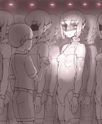 Rule 34 | 1boy, 6+girls, abubu, android, back, bare shoulders, belt, breasts, child, commentary, covered erect nipples, covered navel, elbow gloves, expressionless, flashlight, gloves, leotard, looking at another, mask, monochrome, multiple girls, original, short hair, shorts, small breasts, sweatdrop, thighhighs