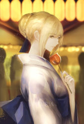Rule 34 | 1girl, artoria pendragon (all), artoria pendragon (fate), blonde hair, blue bow, bow, braid, brown eyes, candy apple, character name, closed mouth, commentary request, fate/stay night, fate (series), food, hair between eyes, hair bun, hand up, highres, holding, holding food, japanese clothes, kimono, lantern, long sleeves, looking at viewer, looking to the side, marumoru, obi, paper lantern, saber (fate), sash, sidelocks, single hair bun, solo, transparent, white kimono, wide sleeves