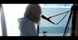 Rule 34 | 1girl, blurry, blurry background, brown hair, character request, commentary request, electric guitar, guitar, highres, holding, holding instrument, hood, hood down, hoodie, instrument, letterboxed, microphone stand, photo-referenced, real life, sky-freedom, solo, upper body