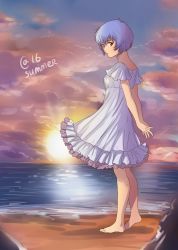Rule 34 | 1girl, arms behind back, autumn-sacura, ayanami rei, barefoot, beach, blue hair, breasts, cloud, dress, eyebrows, feet, from side, full body, interlocked fingers, looking at viewer, neon genesis evangelion, ocean, parted lips, red eyes, sand, short hair, sky, small breasts, solo, standing, sun, sunset, toes, white dress