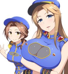 Rule 34 | 2girls, bare shoulders, blue eyes, blue hat, blue napoleon, blue shirt, blush, breasts, brown hair, cleavage, cleavage cutout, clothing cutout, crossed arms, epaulettes, hat, head tilt, idolmaster, idolmaster cinderella girls, jewelry, kawashima mizuki, large breasts, light brown hair, long hair, looking at viewer, matsumoto sarina, multiple girls, parted bangs, parted lips, pataneet, ponytail, see-through, shirt, simple background, sleeveless, upper body, white background, wrist cuffs, yellow eyes