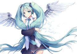 Rule 34 | 1girl, bad id, bad pixiv id, chariot.f, detached sleeves, green eyes, green hair, hatsune miku, headset, long hair, looking at viewer, matching hair/eyes, mechanical wings, necktie, simple background, skirt, smile, solo, twintails, very long hair, vocaloid, white background, wings