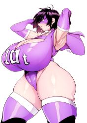Rule 34 | 10-ton, 1girl, absurdres, armpits, arms up, ass, black hair, boku no hero academia, boots, breasts, cleavage, cowboy shot, determined, from side, gigantic breasts, gofa, highres, huge ass, leotard, purple leotard, serious, short hair, solo, thick thighs, thigh boots, thighhighs, thighs, thong leotard