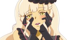 Rule 34 | 1girl, blonde hair, gloves, goth fashion, gothic lolita, hands on own cheeks, hands on own face, lolita fashion, long hair, mayu (vocaloid), open mouth, parody, portrait, smile, vocaloid, yandere trance, yellow eyes
