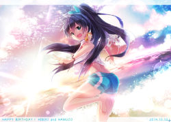 Rule 34 | 10s, 1girl, 2014, ass, bad id, bad pixiv id, barefoot, beach, black hair, blue eyes, character name, dated, fang, ganaha hibiki, hair ribbon, hamster, hamuzou, happy birthday, idolmaster, idolmaster (classic), ima (lm ew), long hair, looking back, ocean, open mouth, ponytail, ribbon, shorts, sky, smile, solo, standing, standing on one leg, v, water