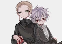 Rule 34 | 2boys, black jacket, blonde hair, chinese commentary, closed mouth, collared shirt, commentary request, green eyes, grey background, hair between eyes, jacket, long sleeves, male focus, mintcrpt, multiple boys, open clothes, open collar, open jacket, purple hair, red eyes, rumeld othmayer, saibou shinkyoku, shirt, short hair, simple background, sketch, theodore riddle, white shirt