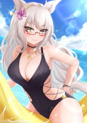 Rule 34 | 1girl, absurdres, alternate costume, animal ears, armpits, bare shoulders, biwa hayahide (umamusume), black choker, black one-piece swimsuit, blue sky, blush, breasts, choker, cleavage, closed mouth, cloud, cloudy sky, commentary request, cowboy shot, ear ornament, earrings, grey hair, hair between eyes, hand on own hip, highres, horse ears, horse girl, horse tail, jewelry, large breasts, lens flare, long hair, necklace, ocean, one-piece swimsuit, red-framed eyewear, semi-rimless eyewear, shinonome (shinonome rynn), single earring, sky, smile, solo, swimsuit, tail, umamusume, very long hair, water, yellow eyes