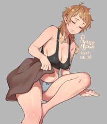 Rule 34 | 1girl, agawa ryou, artist name, bare shoulders, black tank top, breasts, brown hair, cleavage, commentary, dated, english commentary, closed eyes, grey panties, long hair, messy hair, navel, original, panties, signature, sitting, solo, stomach, tank top, thighs, underwear