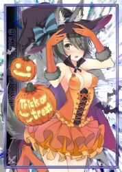 Rule 34 | 00s, 1girl, animal ears, black eyes, black hair, boots, breasts, cleavage, dress, elbow gloves, frilled skirt, frills, gloves, hair over one eye, halloween, hat, looking at viewer, lowres, marina wulfstan, orange dress, orange footwear, orange gloves, pumpkin, senjou no valkyria (series), senjou no valkyria 1, short hair, skirt, small breasts, solo, tail, witch hat, wogura, wolf ears, wolf tail