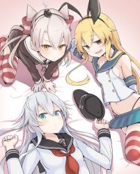 Rule 34 | 3girls, amatsukaze (kancolle), anchor, anchor symbol, black eyes, black headwear, black panties, blonde hair, blue eyes, blue skirt, blush, breasts, closed mouth, commentary request, dress, flat cap, gloves, grey hair, hair tubes, hairband, hat, heart, hibiki (kancolle), highleg, highleg panties, highres, kantai collection, long hair, long sleeves, looking at viewer, lying, multiple girls, myht, navel, on back, on side, open mouth, panties, red neckwear, sailor collar, sailor dress, school uniform, serafuku, shimakaze (kancolle), sideboob, sidelocks, single glove, sitting, skirt, smoke, striped clothes, striped legwear, striped thighhighs, thighhighs, two side up, underwear, unworn hat, unworn headwear, white gloves, yellow eyes