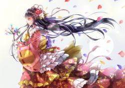 Rule 34 | 1girl, blouse, bow, bowtie, branch, closed mouth, embellished costume, floating hair, floral print, flower, frilled sleeves, frills, from side, hair flower, hair ornament, highres, hime cut, houraisan kaguya, jeweled branch of hourai, layered skirt, long hair, long skirt, long sleeves, petals, pink shirt, profile, red eyes, red skirt, shironeko yuuki, shirt, skirt, solo, touhou, very long hair, wide sleeves, yellow bow, yellow bowtie